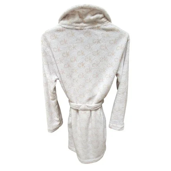 Calvin Klein XS White Plush Robe With CK Logo Pattern Tie Belt Long Sleeves - Picture 2 of 5